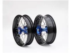 Bihr Kit Roues Complètes Avant + Arrière ART SM 17x3,50/17x5,00 Jante Noir/moyeu Bleu/rayons Argent/têtes De Rayons Argent